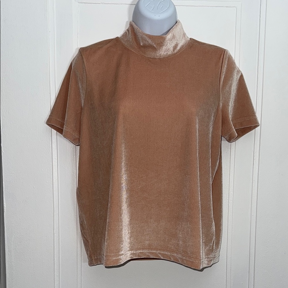 Madewell Tan velvet short sleeve mock turtleneck Top size S